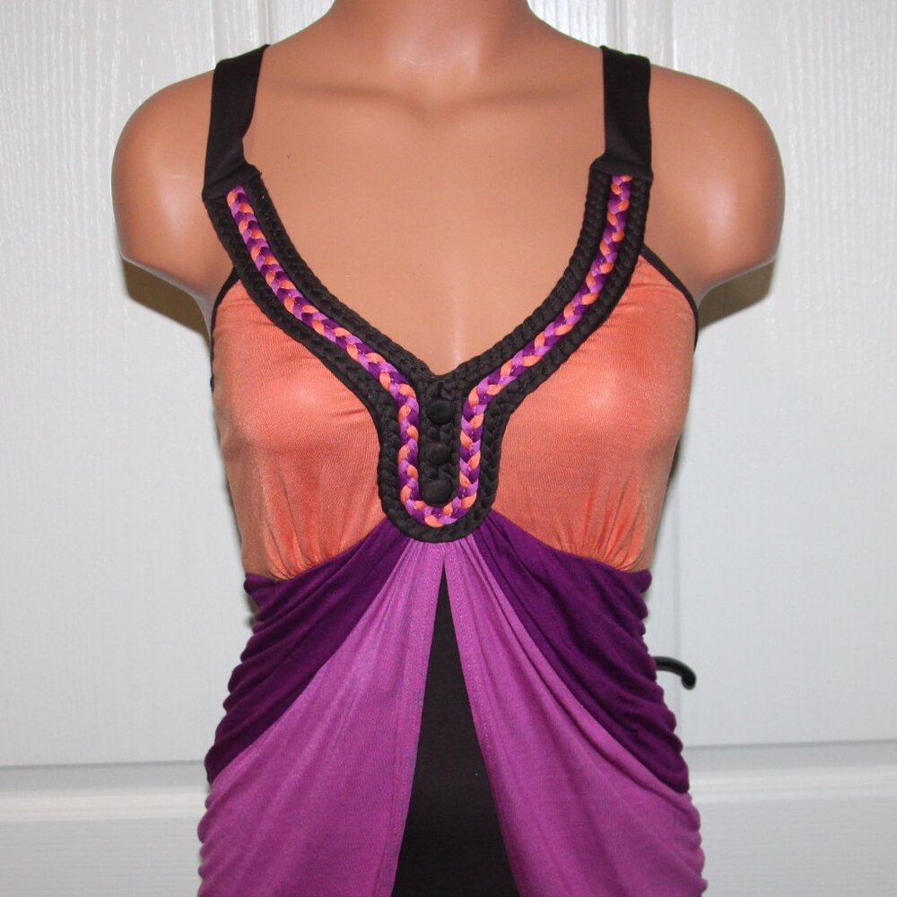 NWT! Colorful SMALL Low Cut V-Neck Braided Trim Fitted Drape Front Stretch Tank